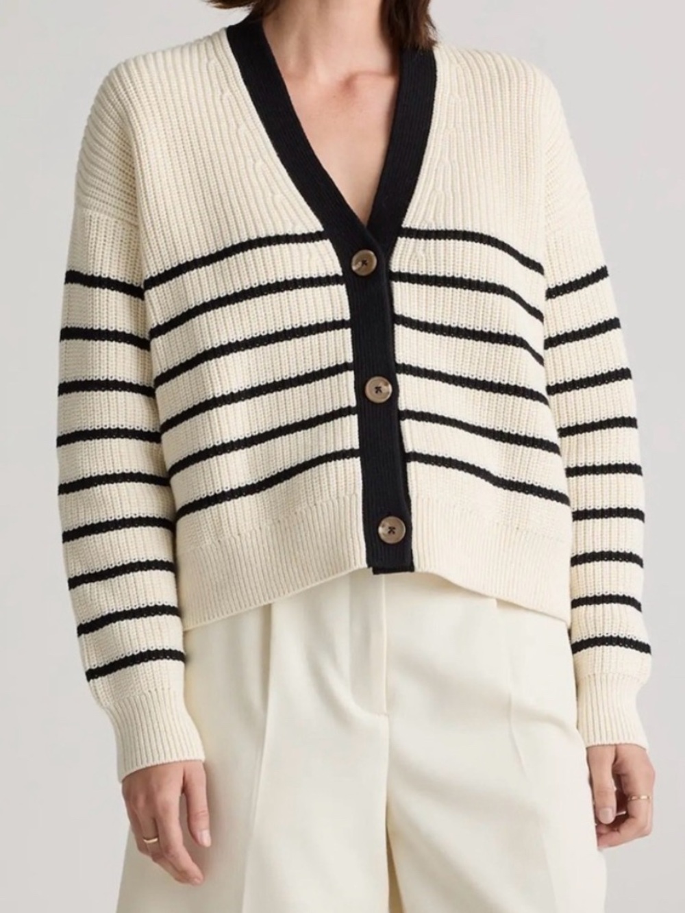 Quince 100% Cotton Fisherman Boxy Cropped V-Neck Cardigan
